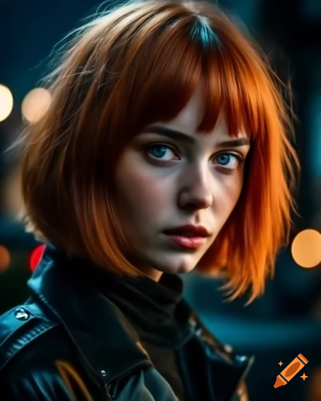 Woman with orange hair in layered bob hairstyle looking at the sky