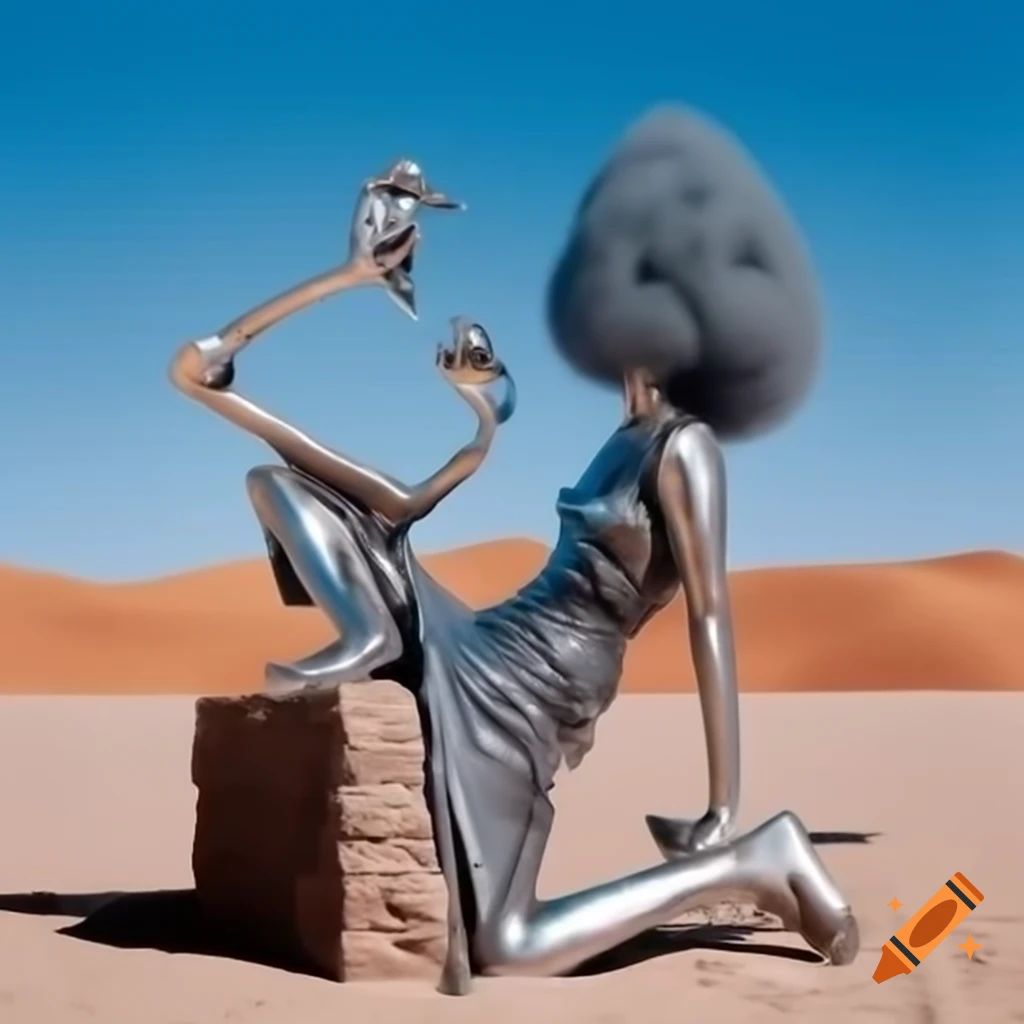 Surreal 2000's photograph of a woman statue in silver on a stone desert