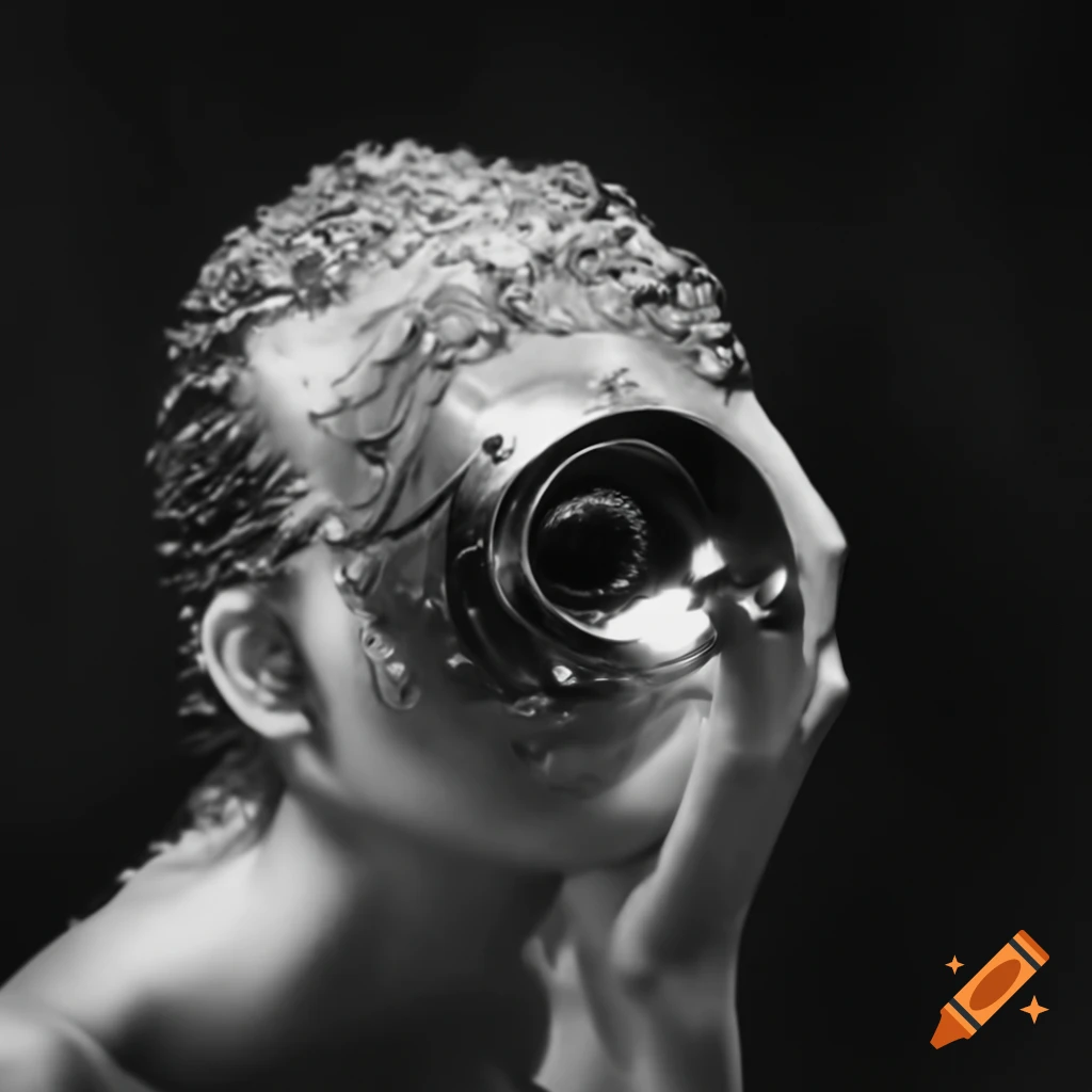 High detail pop surreal photography of silver woman statue
