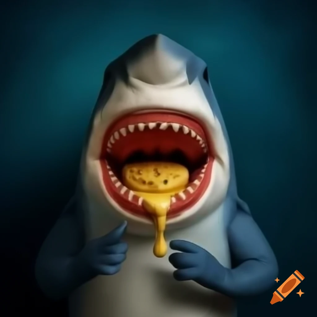 Man in shark costume enjoying queso