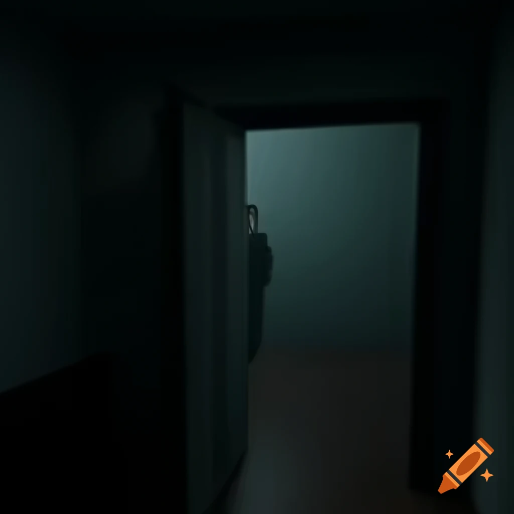 Eerie dark liminal room with slightly open door and anaglyph 3D effect