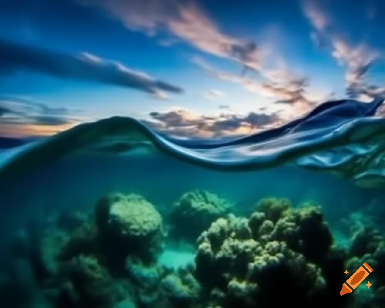 Cinematic view inside wave showing celestial seabed with rocks and corals at sunrise