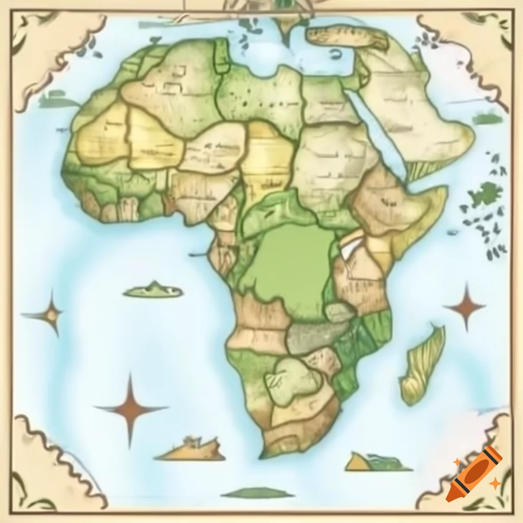 Cartoon satellite map of Africa and Madagascar with landmarks and country borders