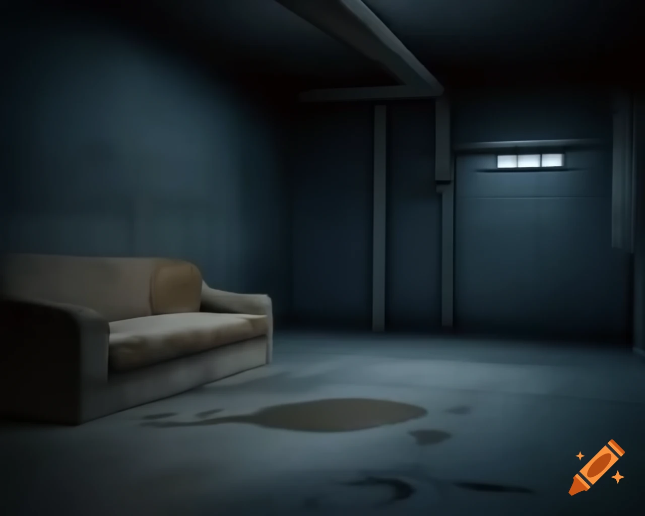 Vast empty dark cement basement with dirty couch and puddles