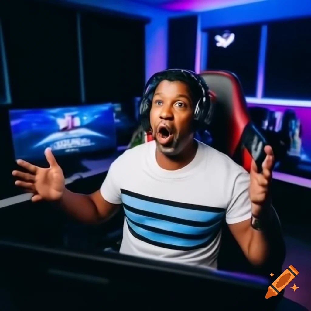 Denzel Washington in gaming setup, reacting with shock while seated