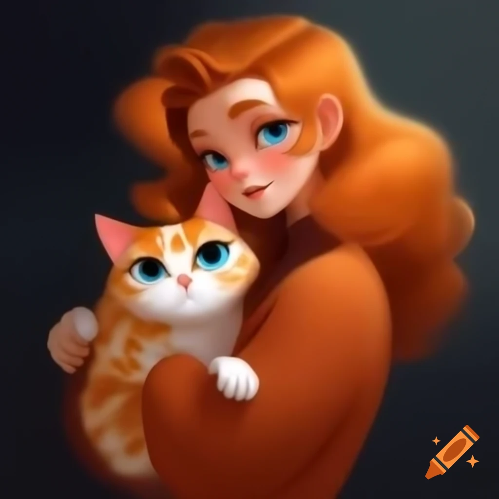 Ginger haired woman holding a ginger cat with golden eyes, showcasing friendship