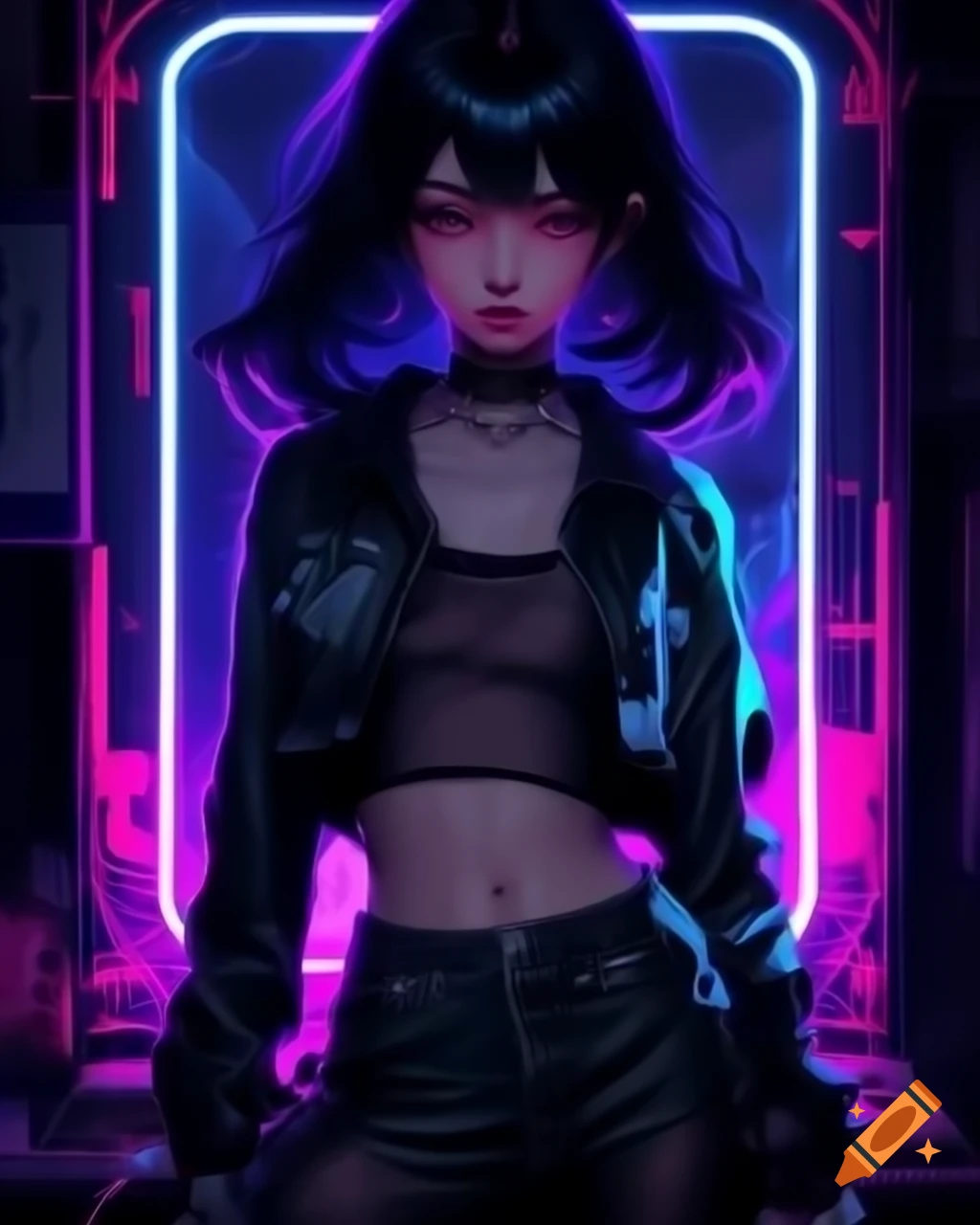 Punk-inspired young woman in dystopic fashion with black hair and lowrise pants