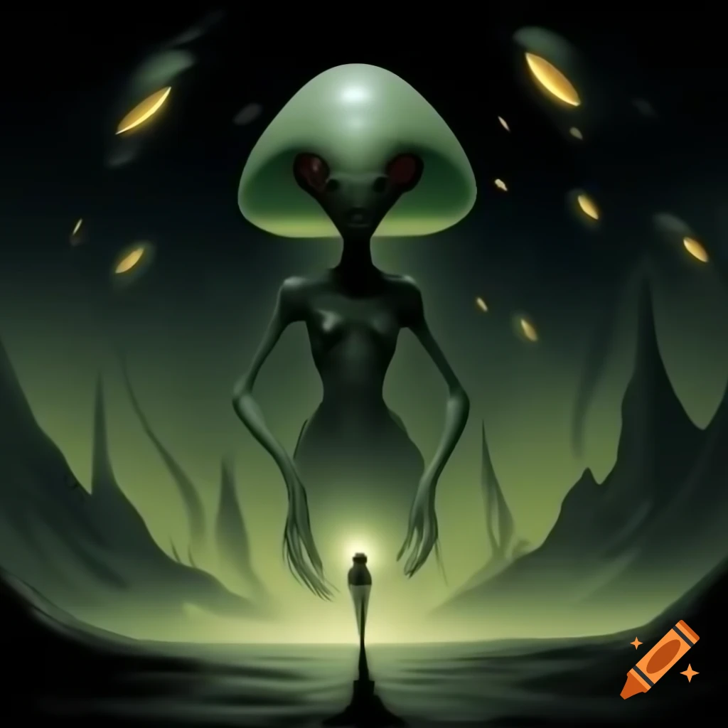 Realistic depiction of an alien in beam of light from UFO, slender body and large black eyes