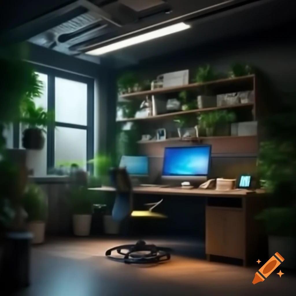 Modern personal office space with Portulacaria afra plants and futuristic tech elements