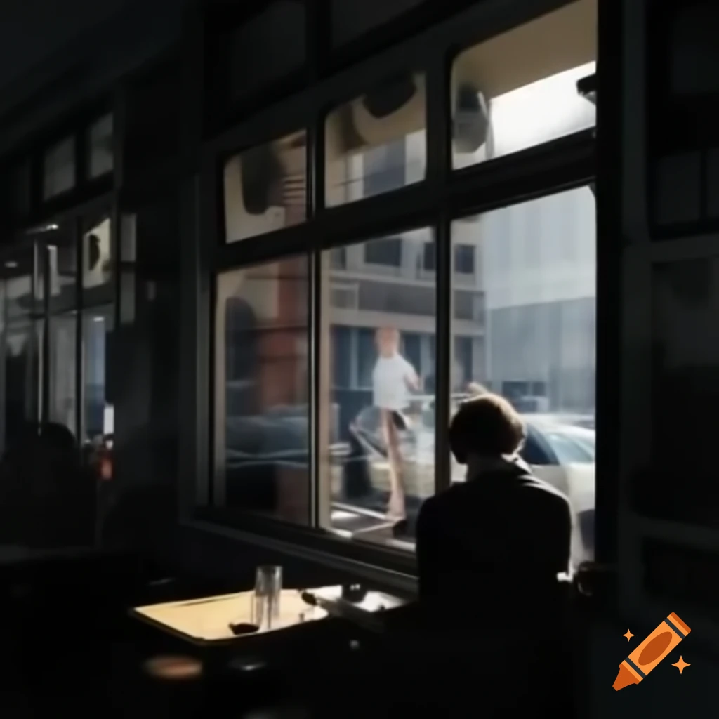 Busy café with lonely person at window creating a melancholy atmosphere