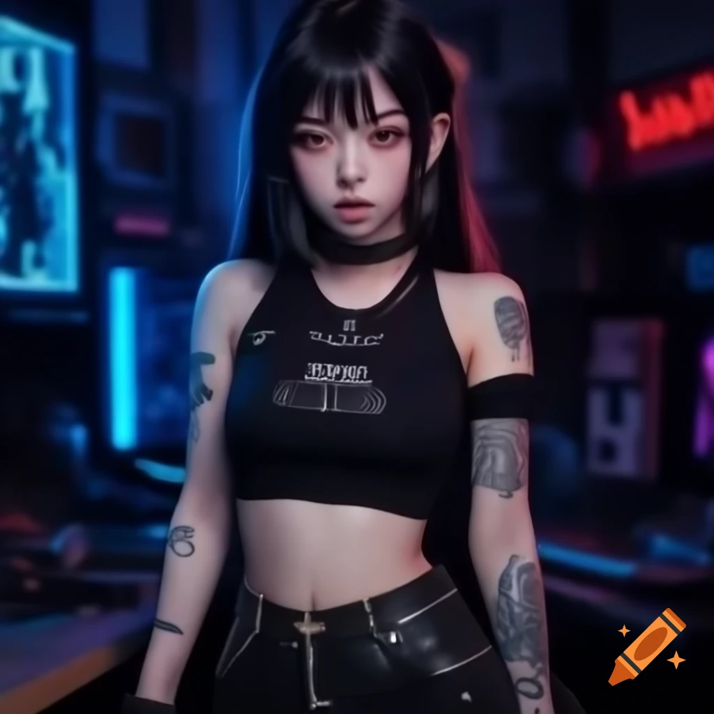 Punk-inspired young woman in dystopian fashion with black hair and crop top