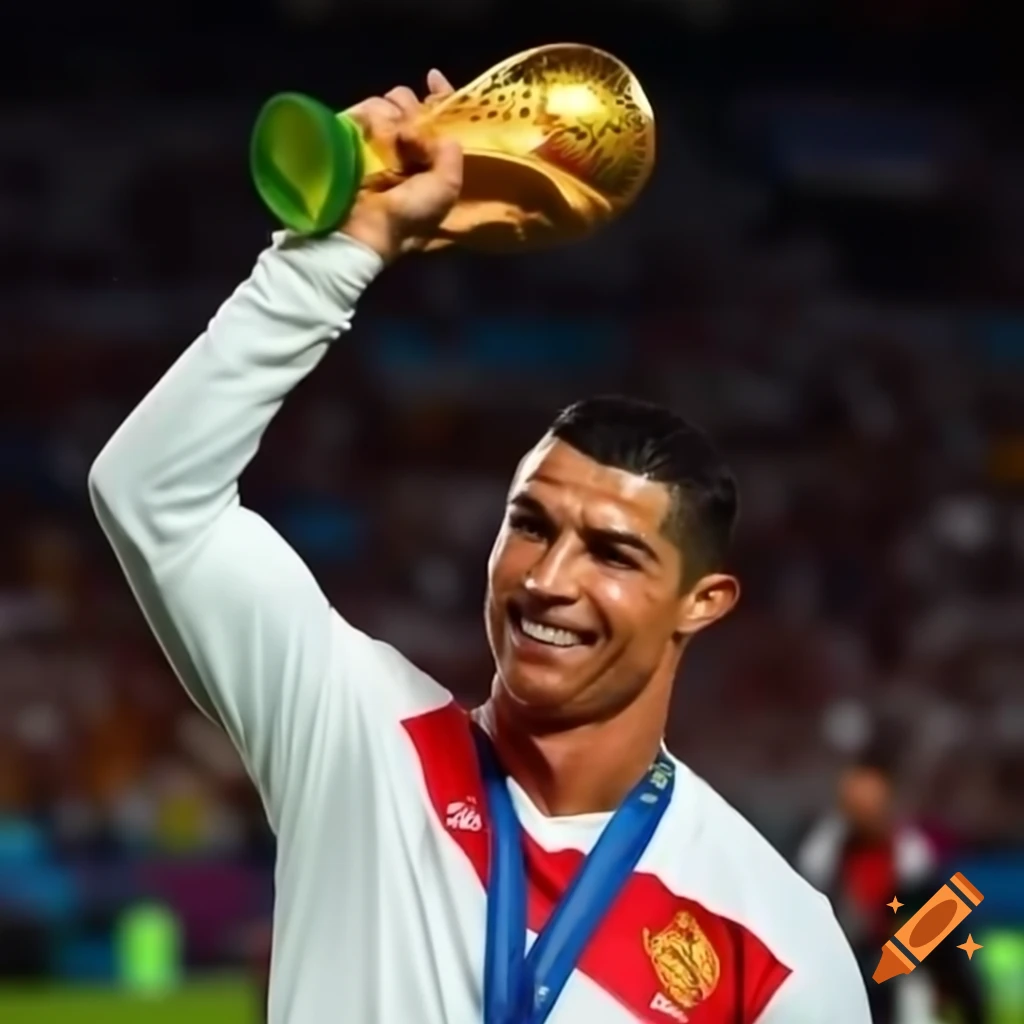 Ronaldo Celebrating By Lifting The World Cup Trophy On Craiyon