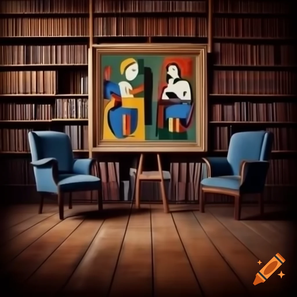 Picasso style painting of empty interview chairs in library with old microphones
