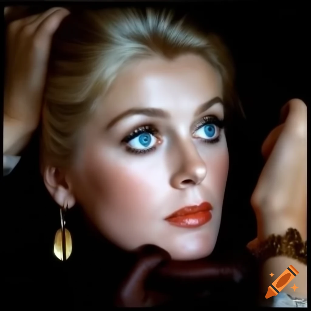 Hyper-realistic photograph of beautiful European actress from 1963 with porcelain skin and blue eyes