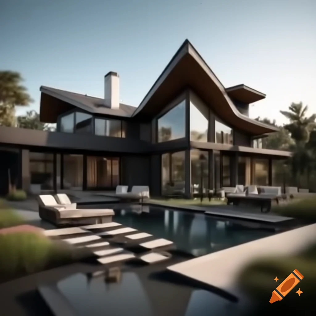 Elegant modern home design with sharp edges, unique textures, ponds, and gardens