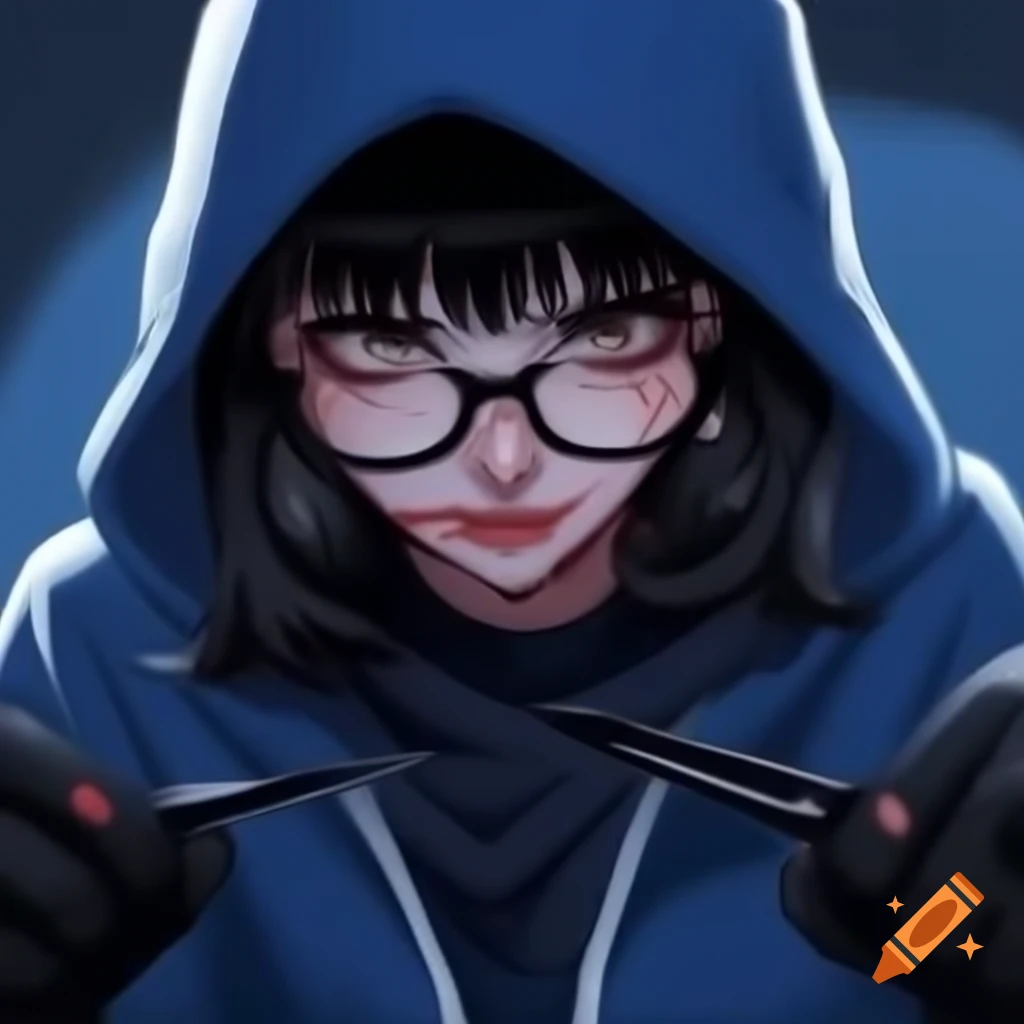 Stylishly dressed individual in blue hoodie and glasses, holding a knife with a straight posture