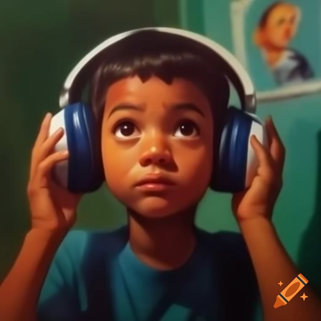 Child wearing headphones in front of a colorful painting