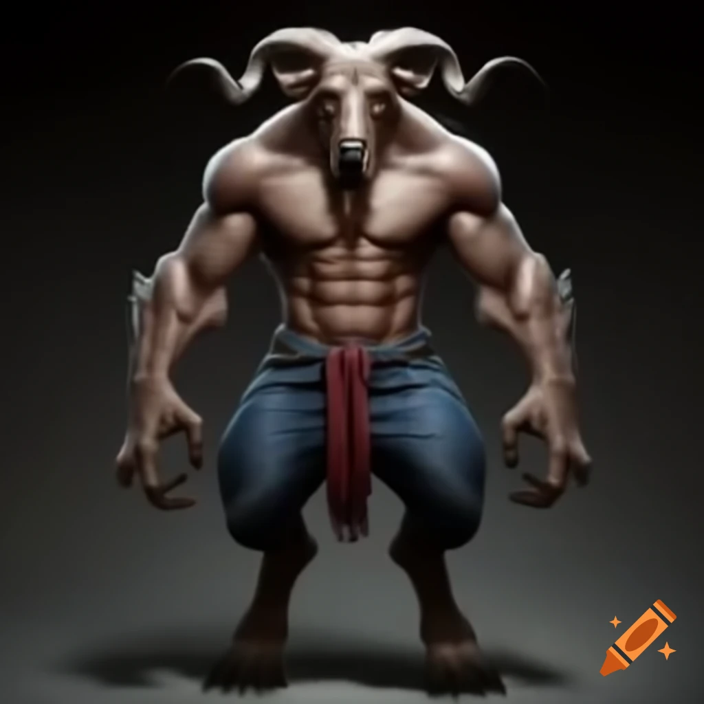 Realistic depiction of a strong goat-headed demon with large horns and muscular legs