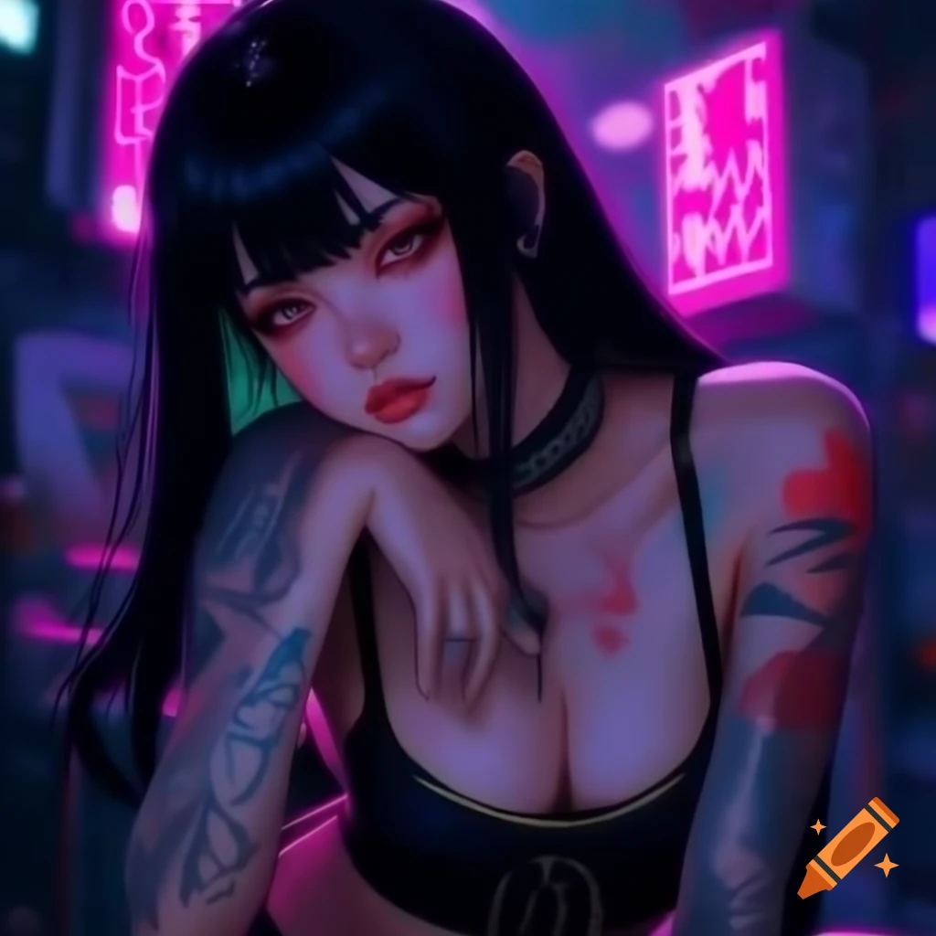 Punk-inspired young woman in dystopic fashion with black hair and crop top