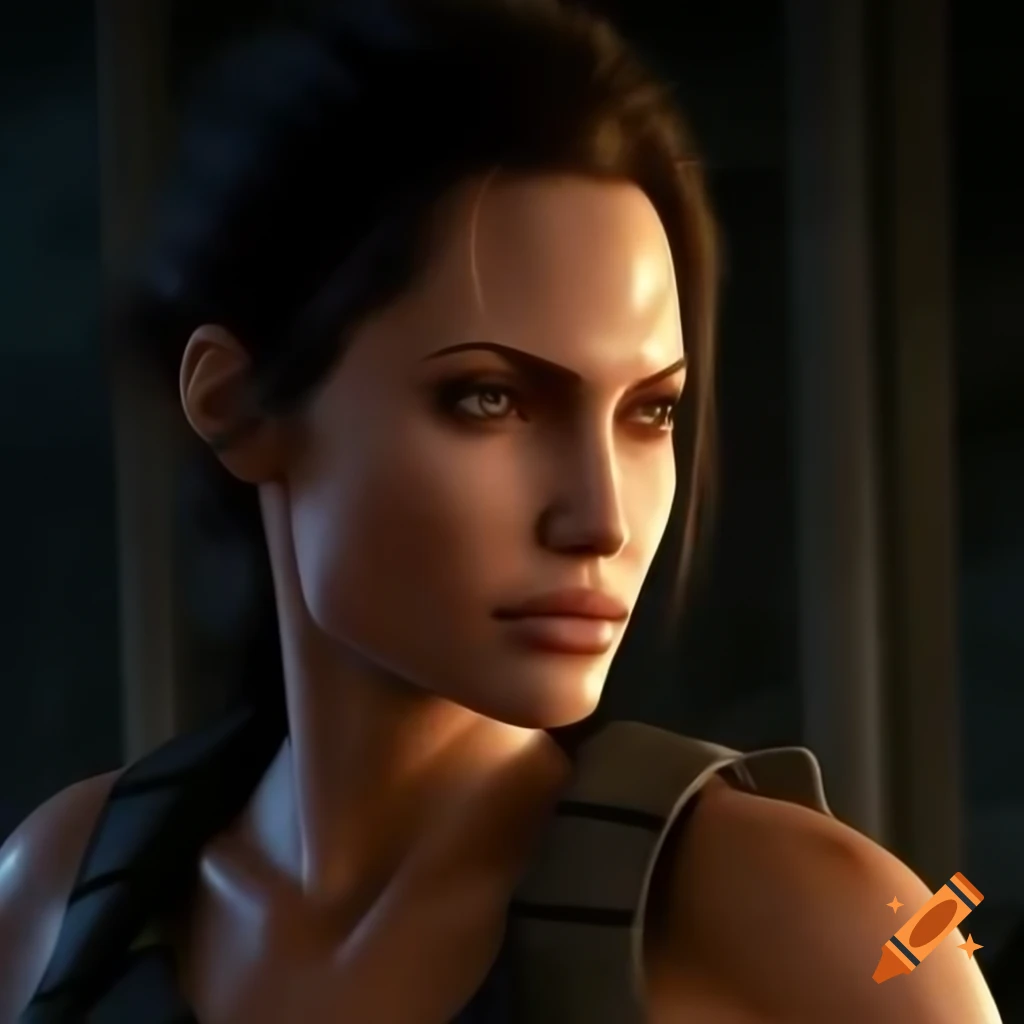 Stunning portrait of Angelina Jolie as Lara Croft, showcasing empowering athleticism