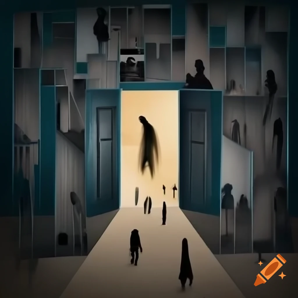Collage of doorways with ghostly figures peering through