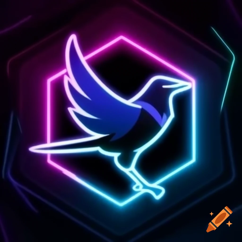 Gaming logo featuring a magpie in front of a neon hexagon