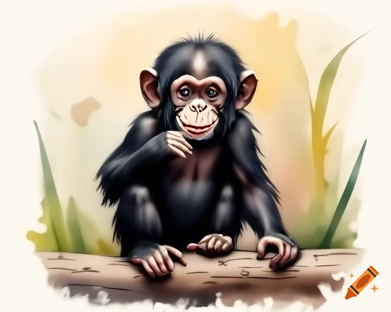 Chimpanzee baby sitting on log picking its nose in Beatrix Potter watercolor style