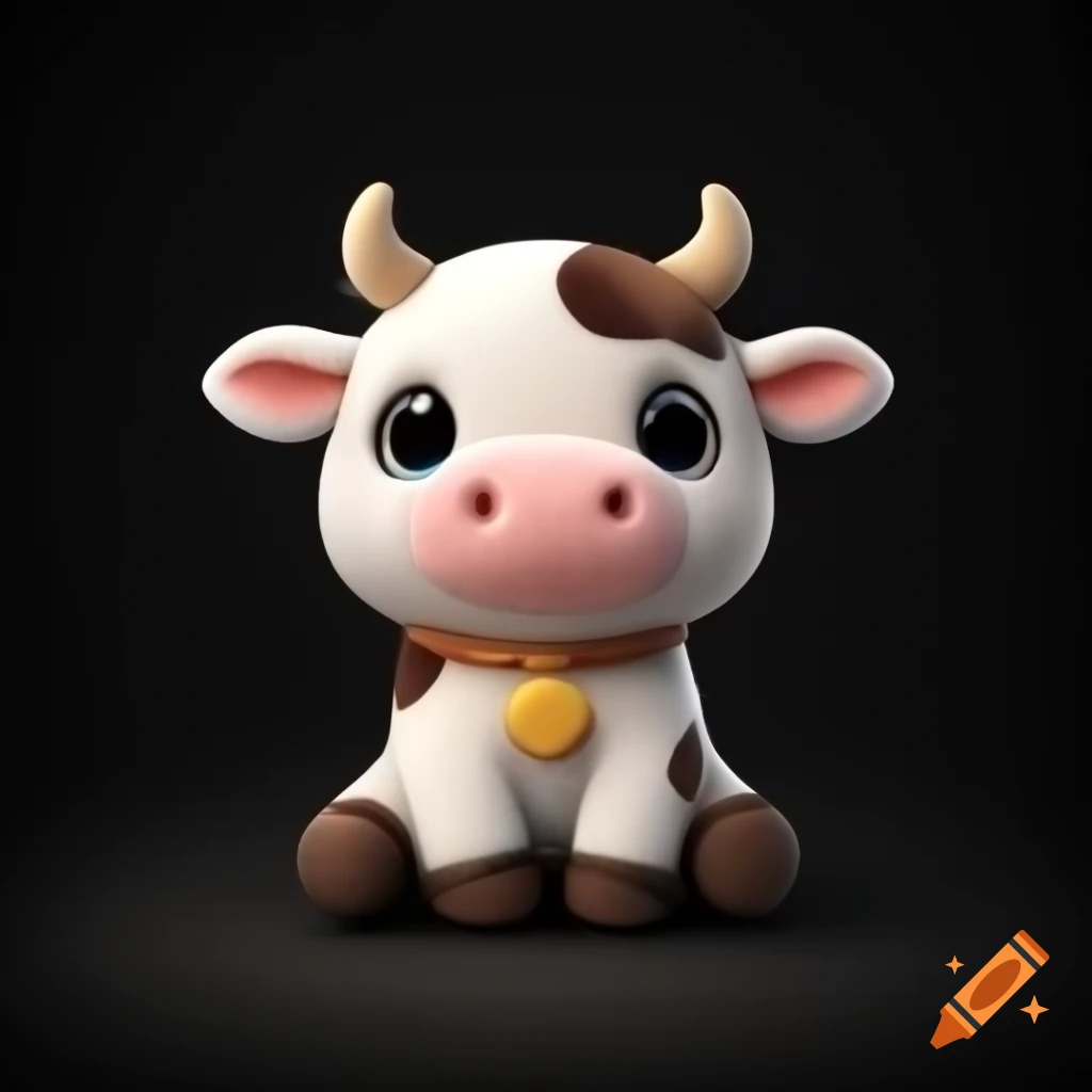 Cute 3D anime style plush sacred cow on black background