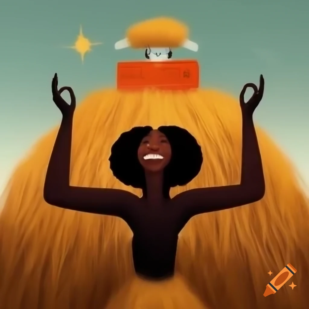 Black woman smiling and holding a needle triumphantly above haystack