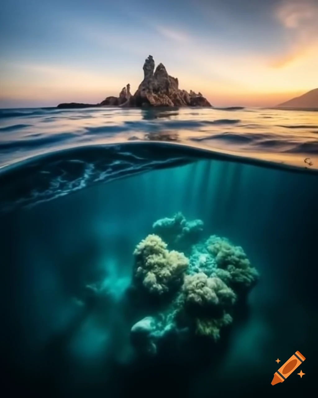 Cinematic view from inside wave showing celestial seabed with corals and sunrise