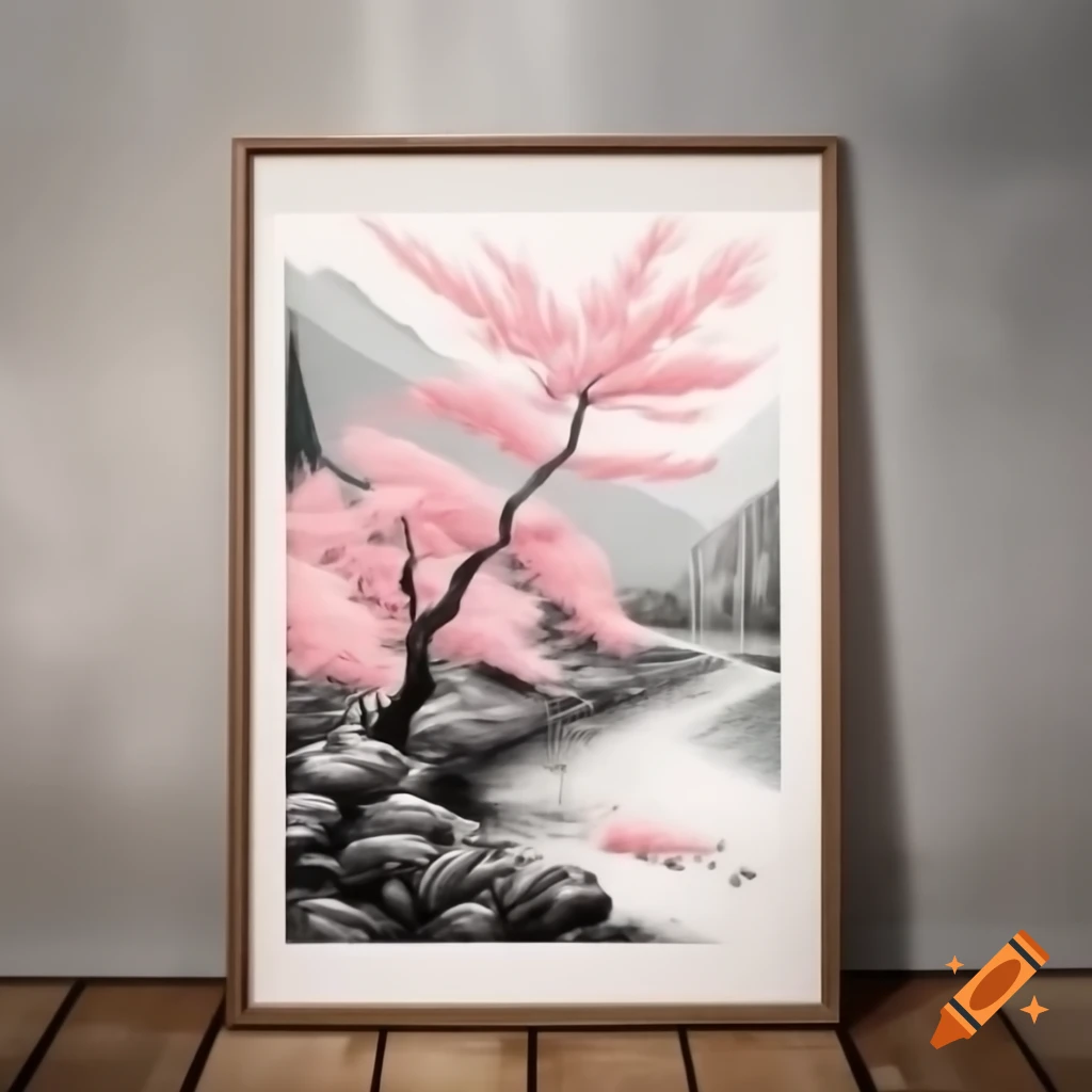 Authentic ink painting of cherry blossom trees along a river with mountains