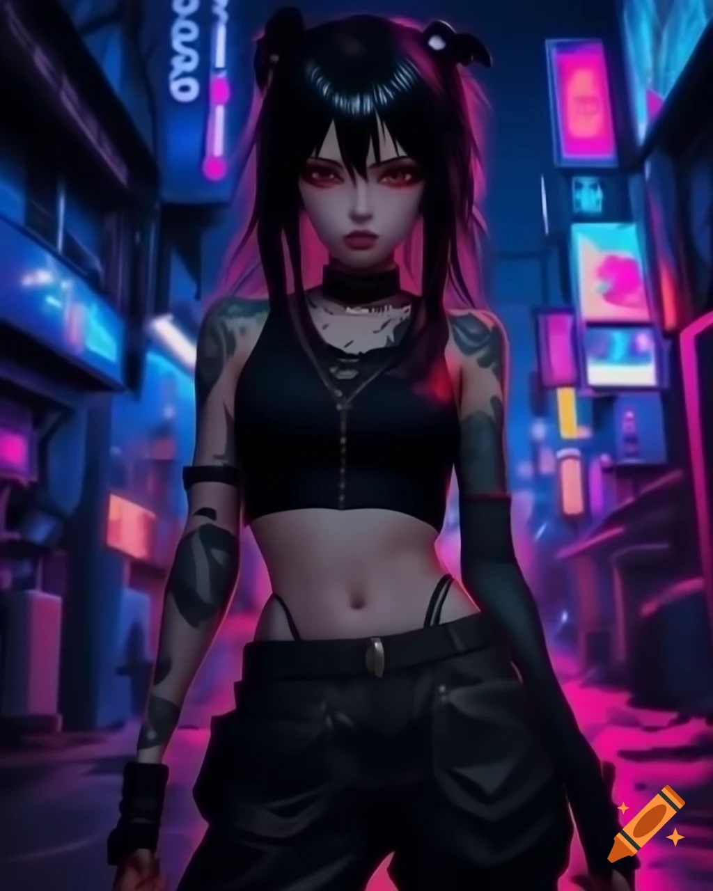 Punk-inspired young woman in dystopic fashion, black hair, lowrise pants, and crop top
