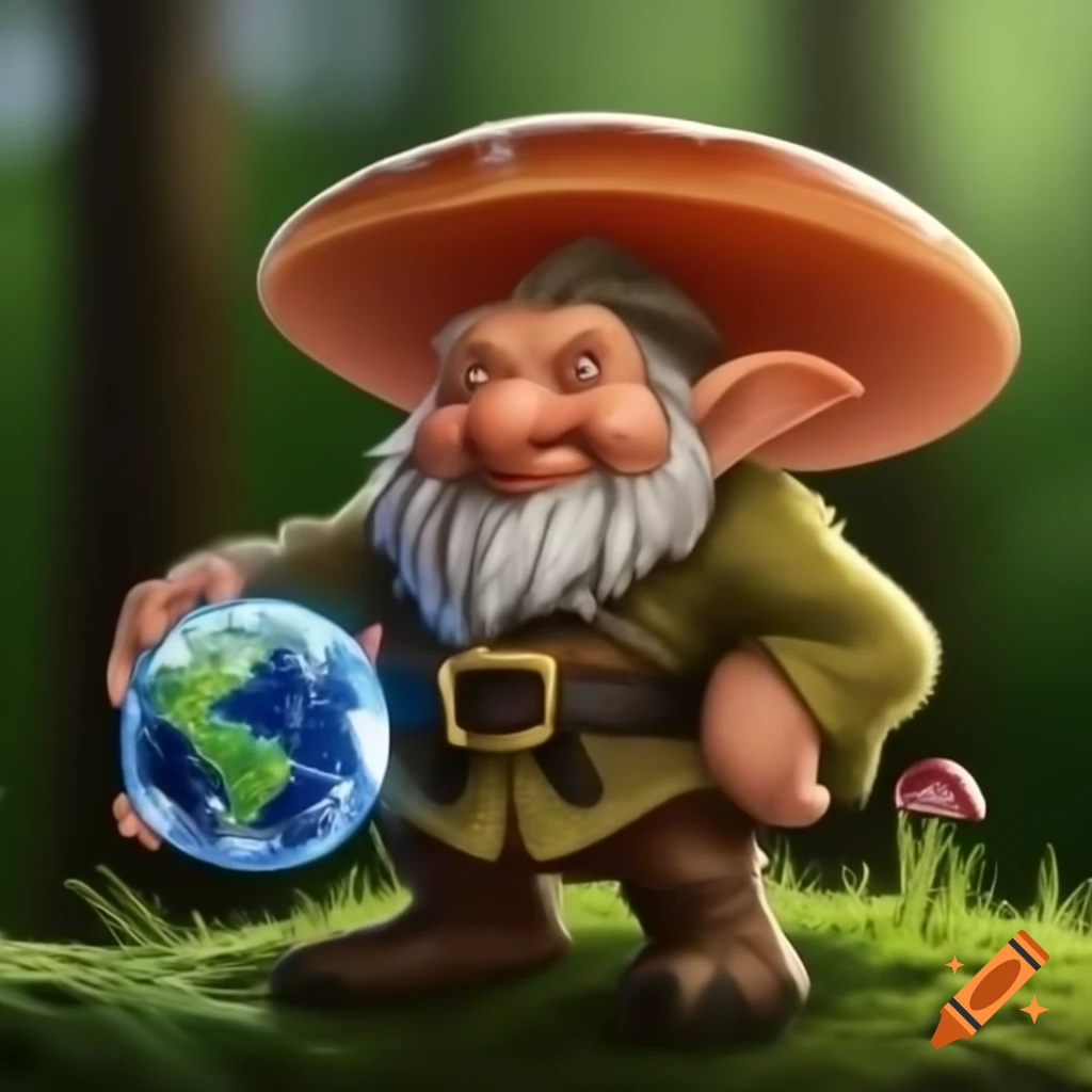 Mushroom dwarf in forest with nature spirits