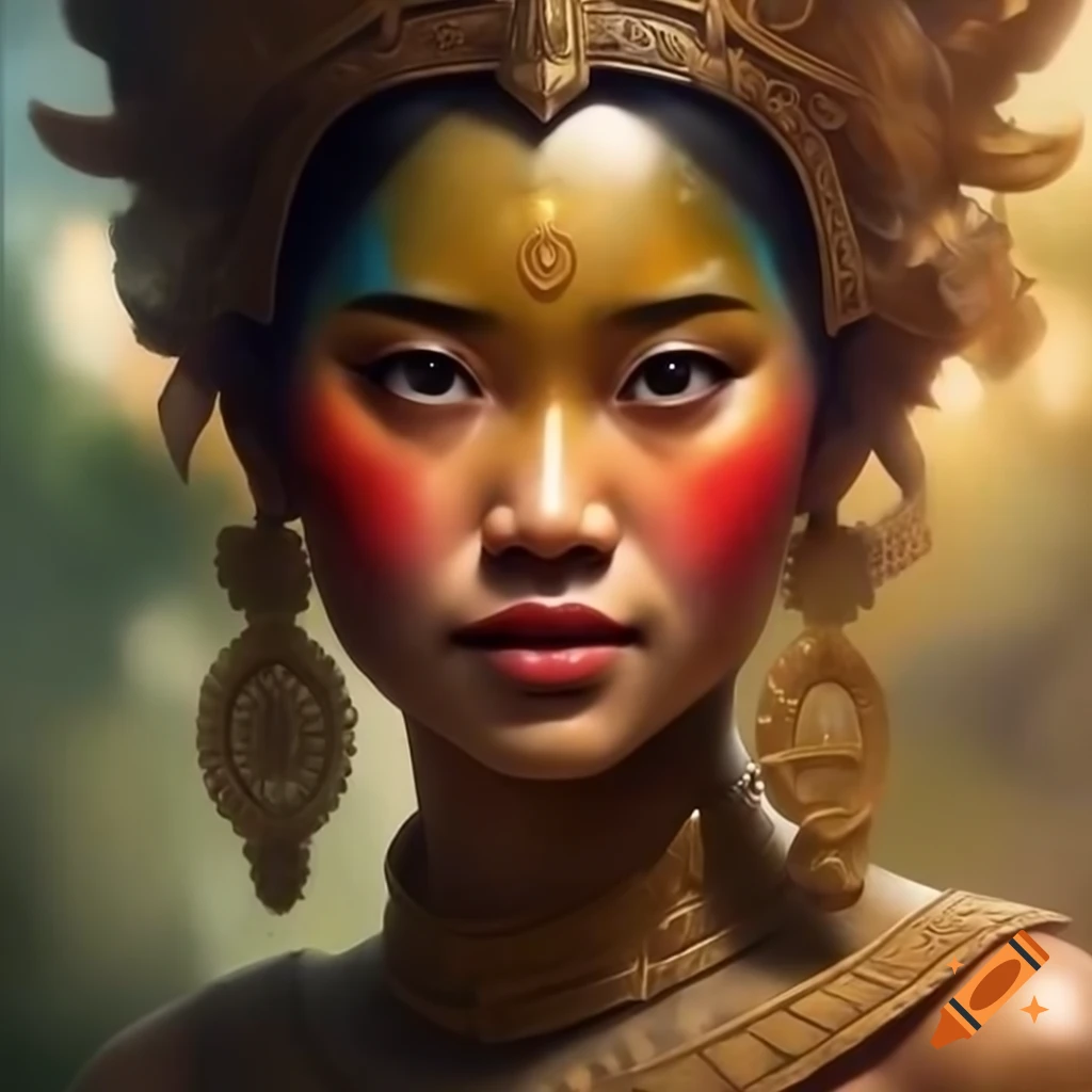 Young Cambodian woman cosplaying as divine goddess in watercolor and Rembrandt-style