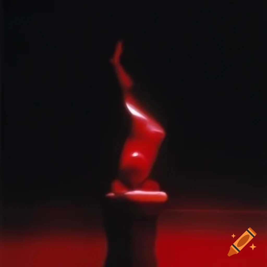 Pop surreal photography featuring red glass statue at midnight