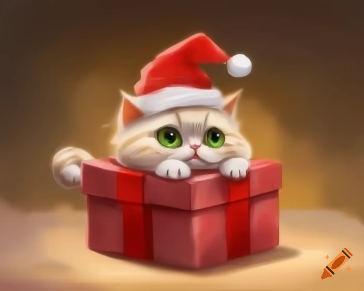 Mischievous kitten in Christmas hat tearing wrapping paper, watercolor cartoon