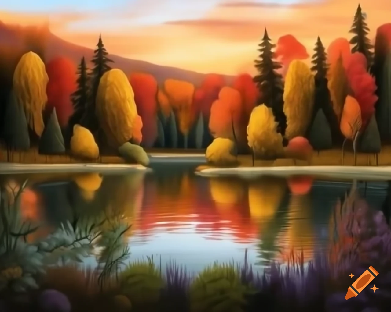 Asymmetrical lake with colorful trees and shrubs featuring a swan, autumn painting in warm sunlight