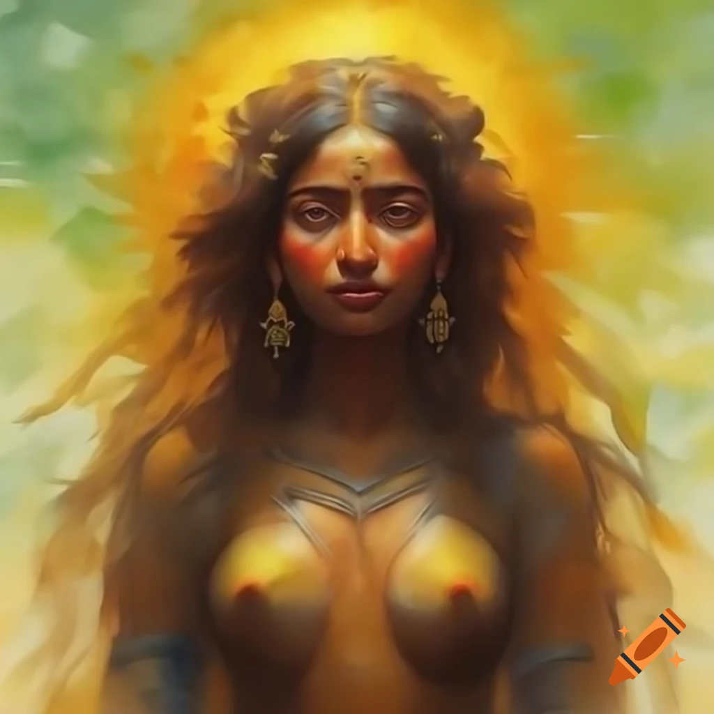 Ancient Bangladeshi goddess in animated style, watercolor and Rembrandt influences