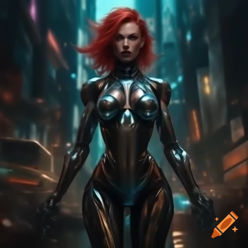 Cybernetic goddess with red hair and yellow bionic eyes holding a tablet with holographic displays