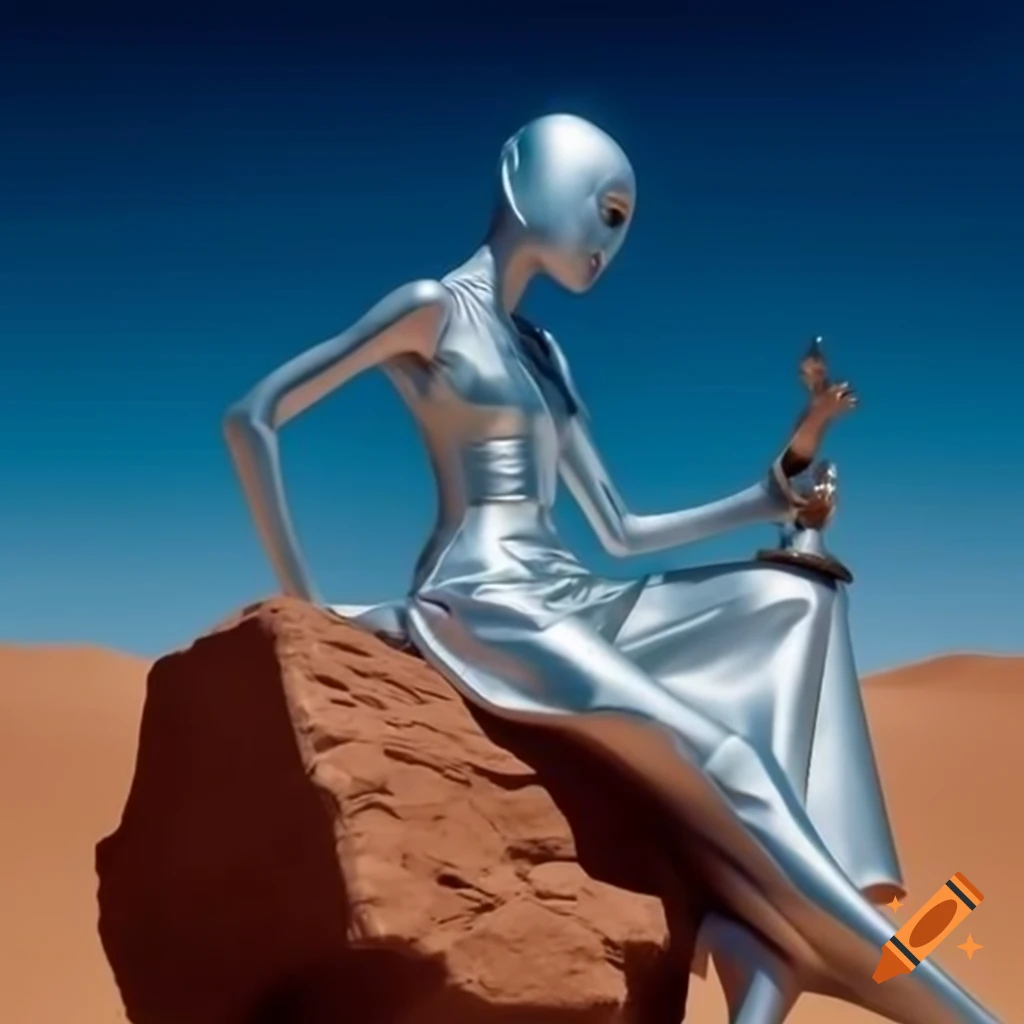 Pop surreal photography of silver statue woman in stone desert