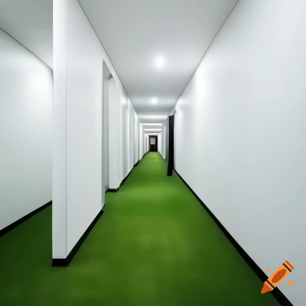Rendered hotel hallway with grass carpet and white tiled walls