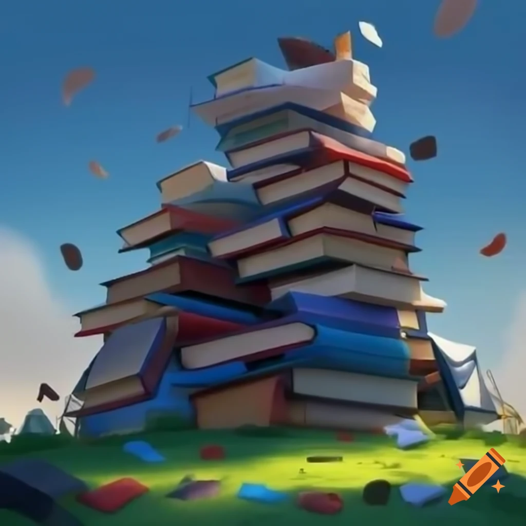 Creative mountain peak made of large books with scattered stationery