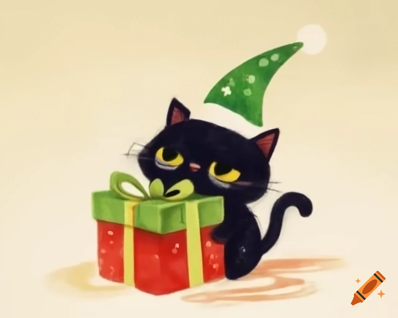 Black kitten in green Christmas hat tearing wrapping paper in watercolor style