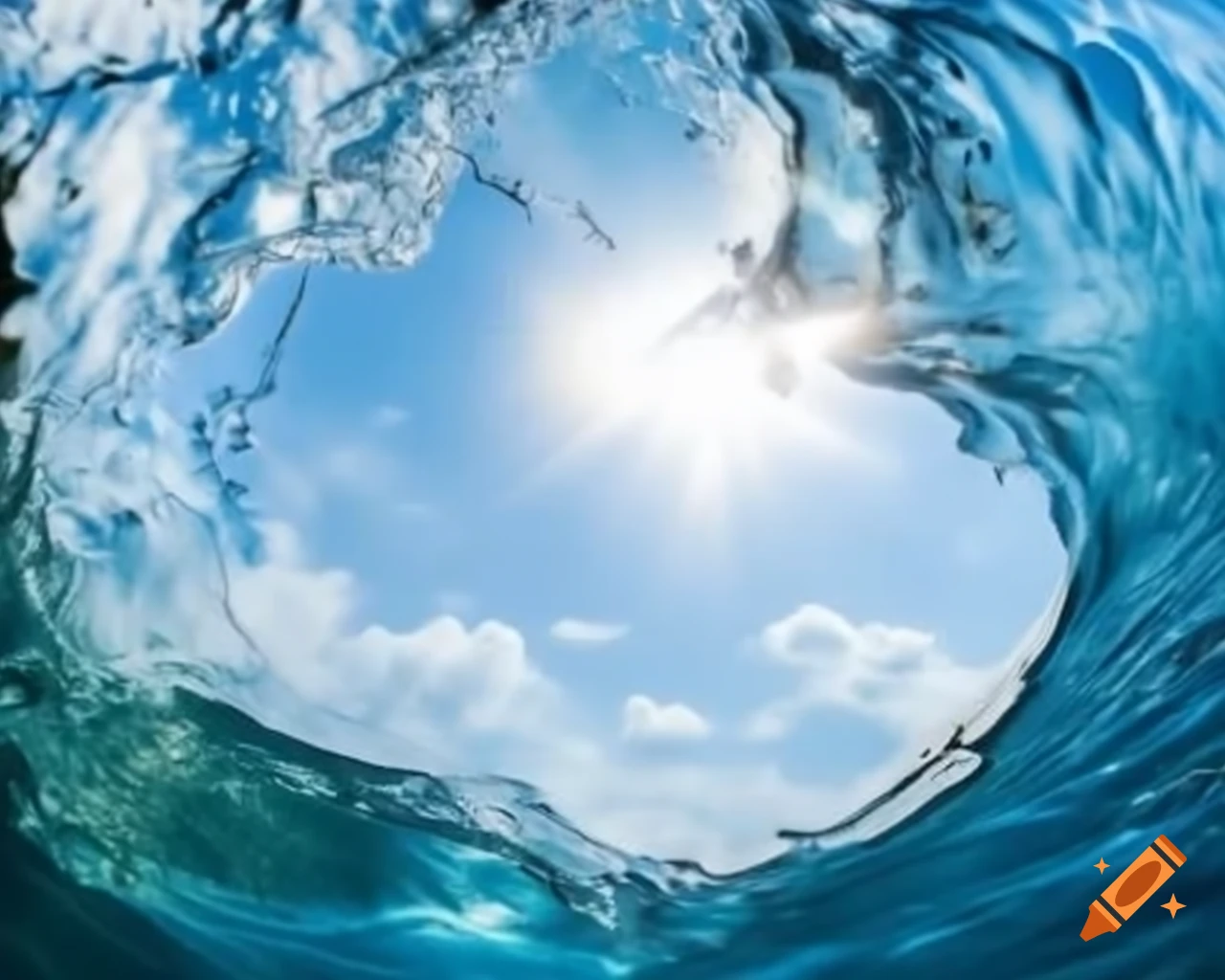 Glassy wave with sunlight shining through foam, capturing a spectacular blue sky