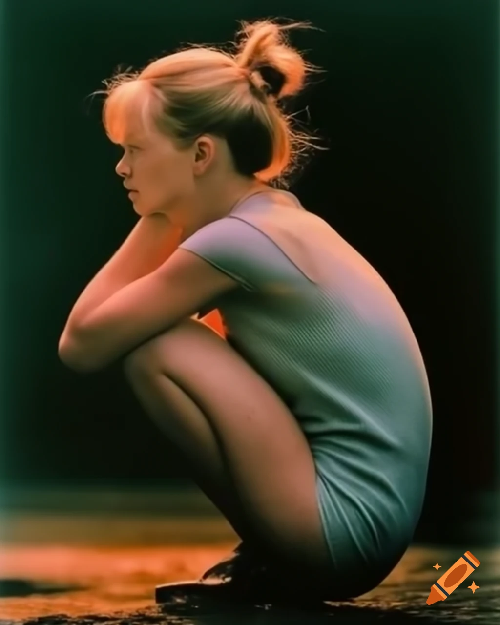 Crying female otaku portrait seated on New York street, 2000s style