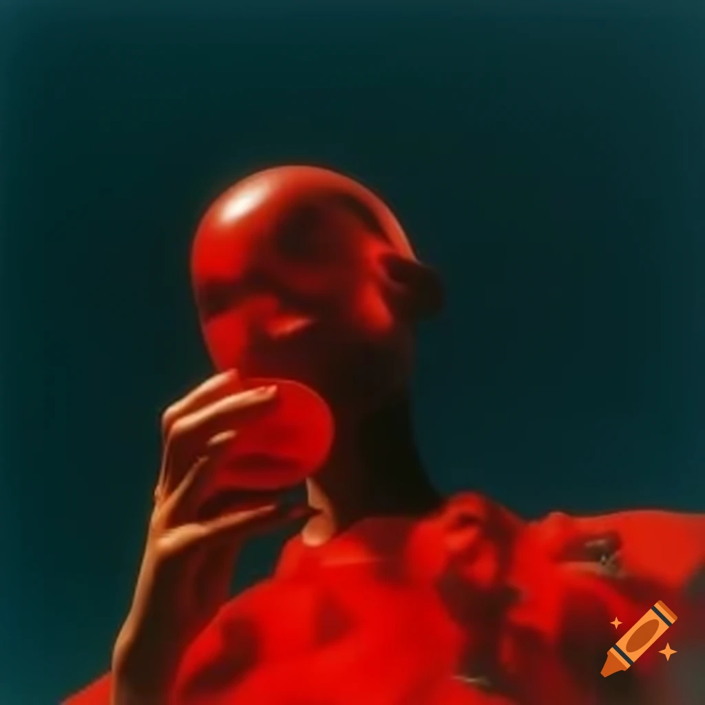 Pop surreal photography featuring red glass statue from the 2000s