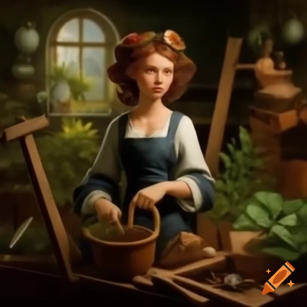 Renaissance-era female gardener with tool belt