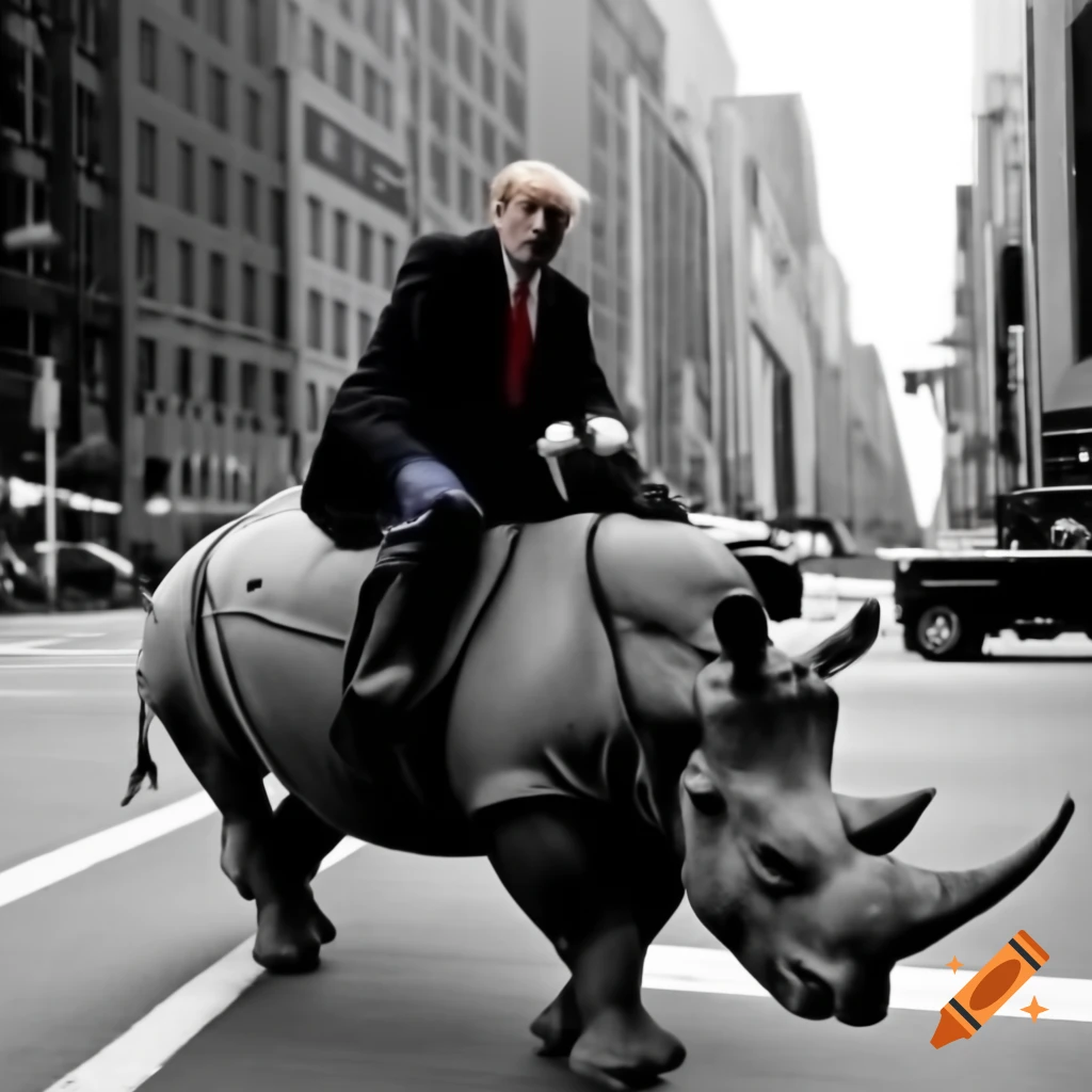 Humorous depiction of a man riding a rhinoceros in downtown New York City