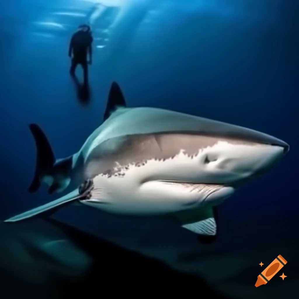 Underwater shark swimming near scuba diver in dark depths