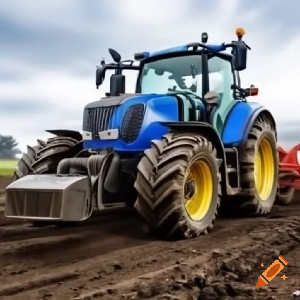 Blue tractor with plow stuck in mud, viewed from the back
